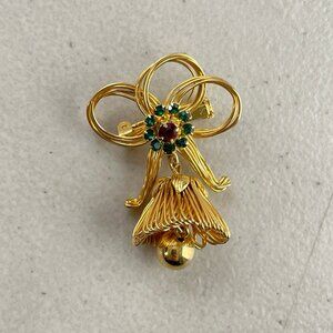 Vintage Bell & Bow Pin Gold-tone pin green red Rhinestones Lapel Pin Holiday